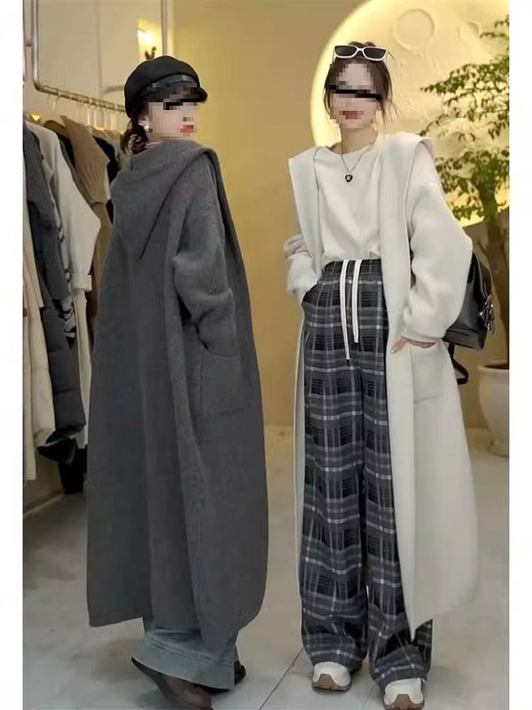 New Long Women's Autumn Thickened Korean Style Loose Lazy Hooded Knitted Jacket Coat Simple Versatile Cardigan