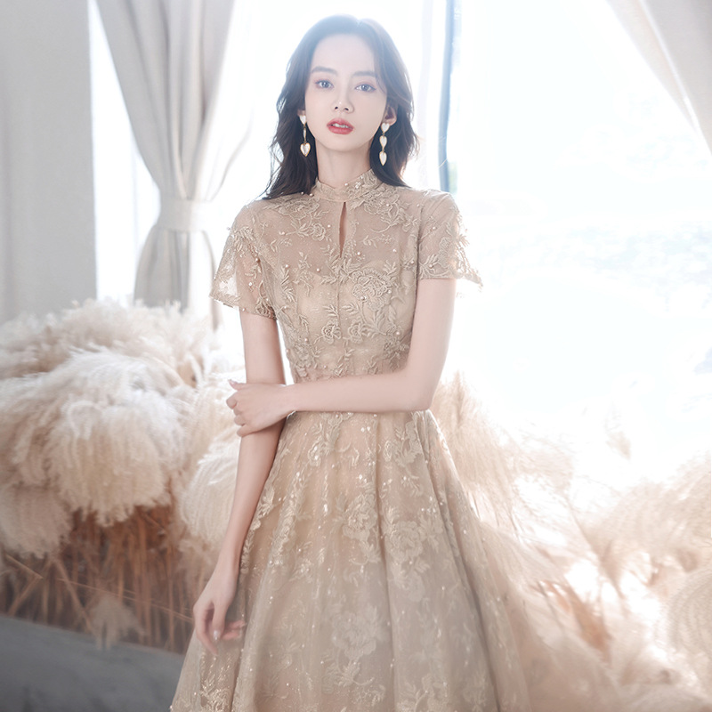 Champagne-Colored Evening Gown New Spring Model Cross-Border Fairy-Like Elegant Performance Dress Annual Meeting Host Dress
