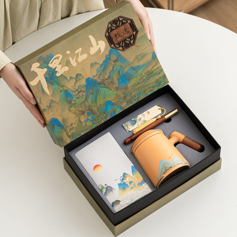 Taza de cerámica de tres piezas juego de regalos de negocios aniversario de la compañía PR regalos de mano logotipo tallado