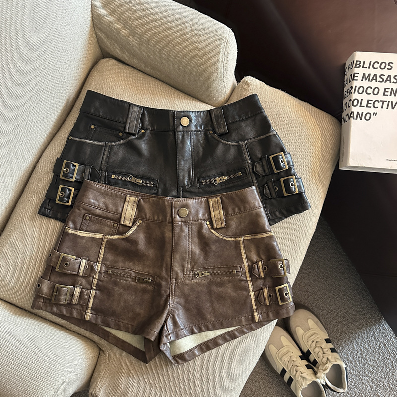 实拍辣妹美式PU皮短裤女设计感低腰性感超短热裤