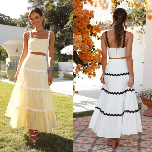 European and American Cross-Border 2024 Summer Independent Station New Women's Two-Color Striped Tank Top + Striped Long Dress Set