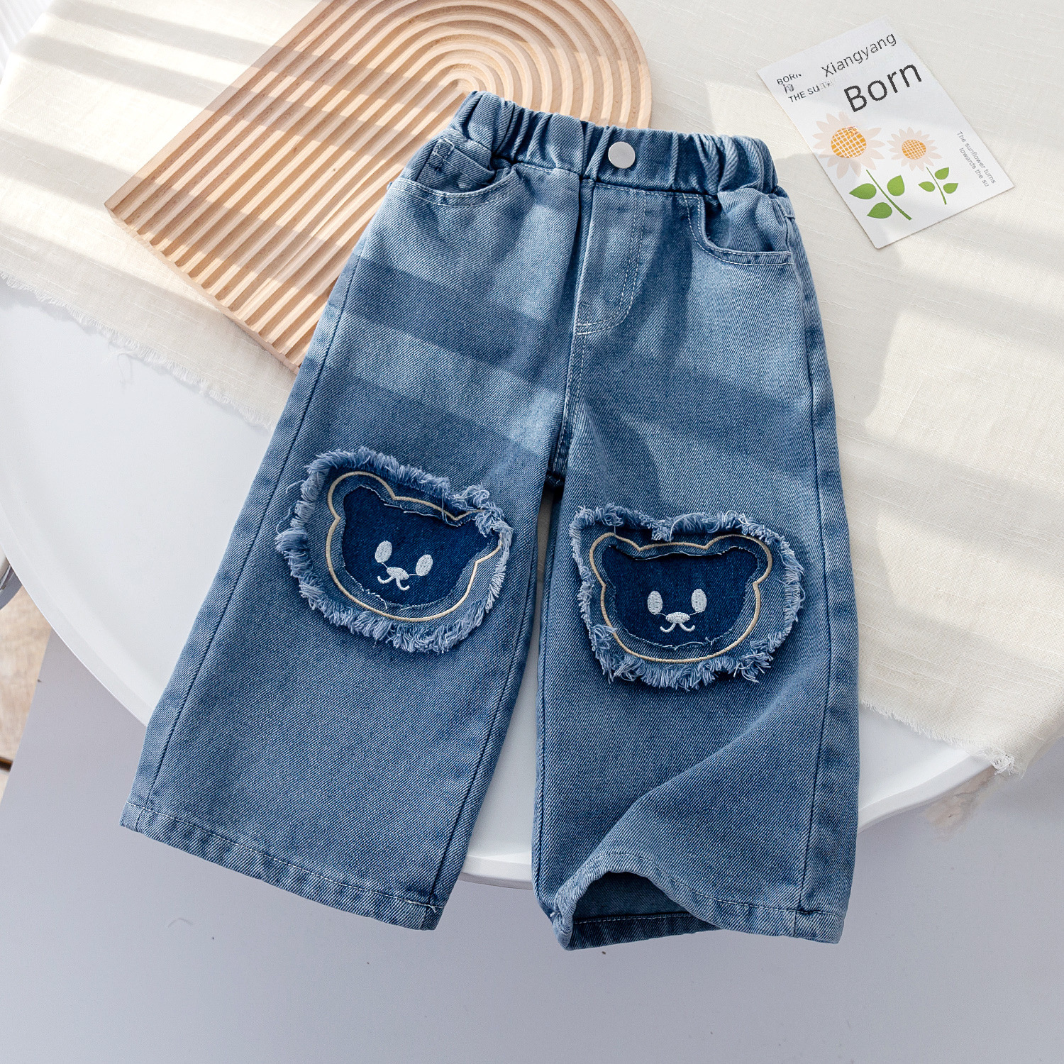 Korean version of girls sweet and cute jeans spring new style straight-leg pants baby casual pants spring new style trousers trendy