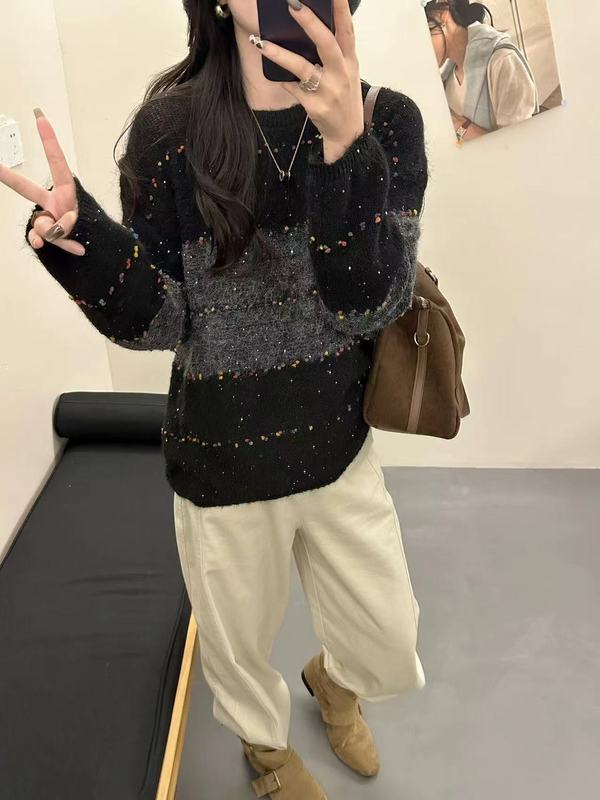 巨好看的韩系氛围感穿搭撞色针织衫女早秋宽松慵懒高级感毛衣上衣|undefined