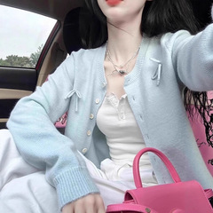 蓝色温柔小香风蝴蝶结针织开衫女春秋奶fufu软糯毛衣外套短款上衣