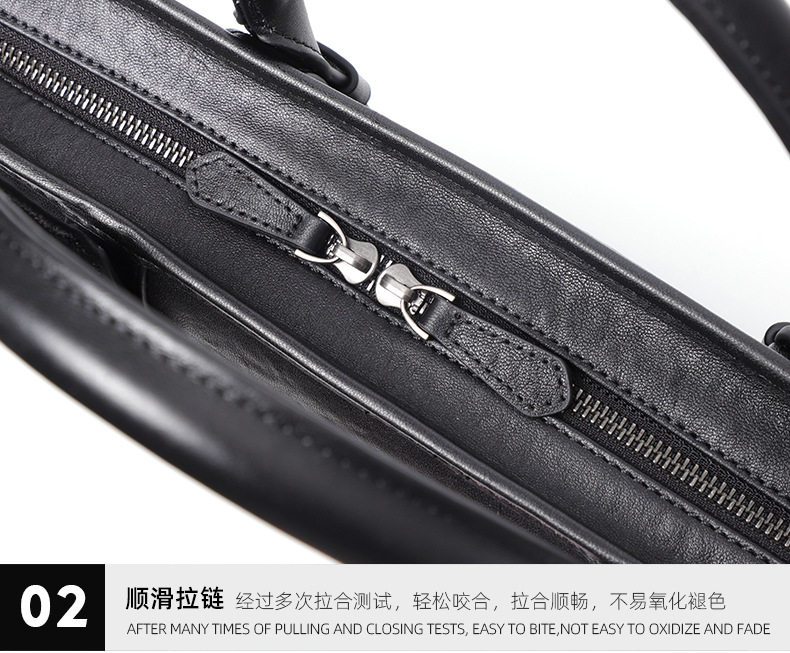 Túi xách tay nam da bò lớp đầu 38×8×28 cm, túi công sở đựng laptop 14 inch, đeo chéo tiện lợi — Màu Đen thuộc da bình thường bên trong màu đen, Màu đen cây cao, Lớp lót nỉ flannel cao cấp cầm tay màu đen chi tiết 20