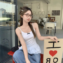 甜美蝴蝶结白色吊带背心女春季内搭修身显瘦蕾丝花边下摆美背上衣