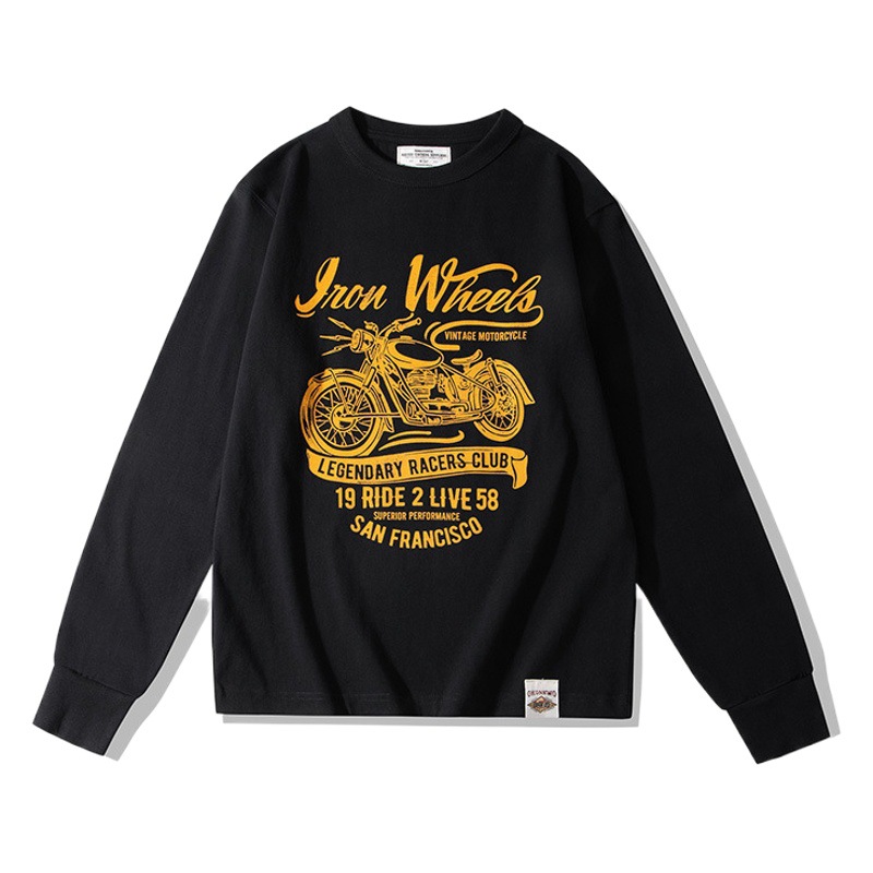OKONKWO pesado 280g nacional de la moda de la motocicleta de la letra impresa Camiseta Americana retro Camiseta de manga larga TEE