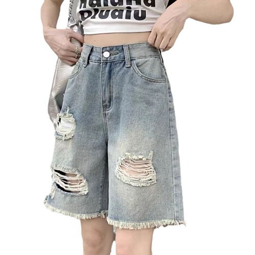 Ladys Retro Ripped Denim Medium Length Pants Summer High-Waisted Loose Slimming Petite Straight Wide Leg Five-Eighth Medium Pants