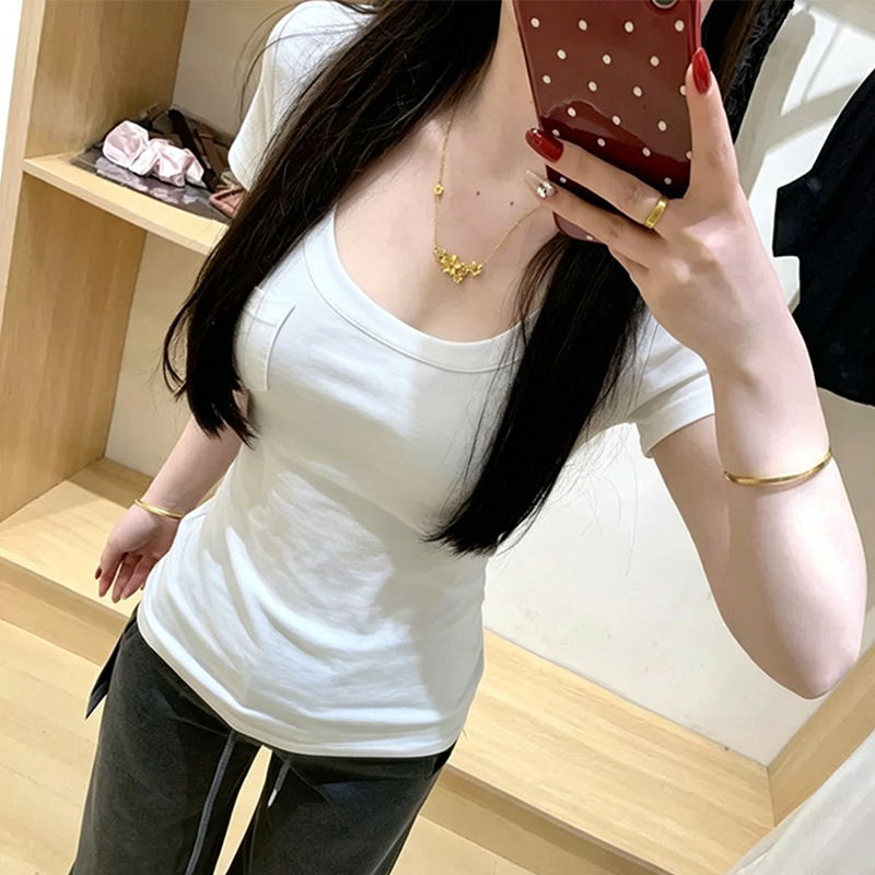 Pure Desire Style Pocket U-Neck Short-Sleeve T-Shirt for Women, Summer Slim-Fit Base Shirt, Hot Girl Pink Tight-Fitting Versatile Top Pure Desire Style Pocket U-Neck Short-Sleeve T-Shirt for Women, Summer Slim-Fit Base Shirt, Hot Girl Pink Tight-Fitting Versatile Top