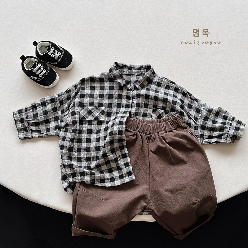 Camisa de algodón y lino a cuadros para niños otoño nuevos niños de estilo coreano personalidad suelta abrigo de longitud media ropa de hombre y mujer moda