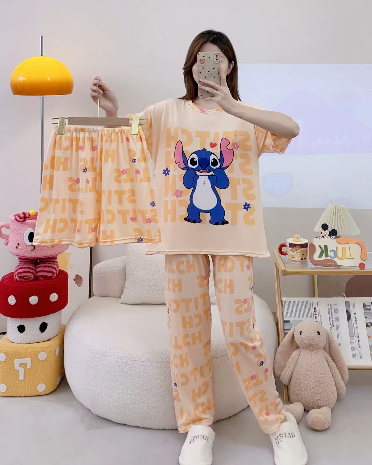 Pijamas de verano transfronterizos pijamas de leche de seda de tres piezas set de dibujos animados comercio exterior ropa para el hogar pantalones de mangas cortas lindos