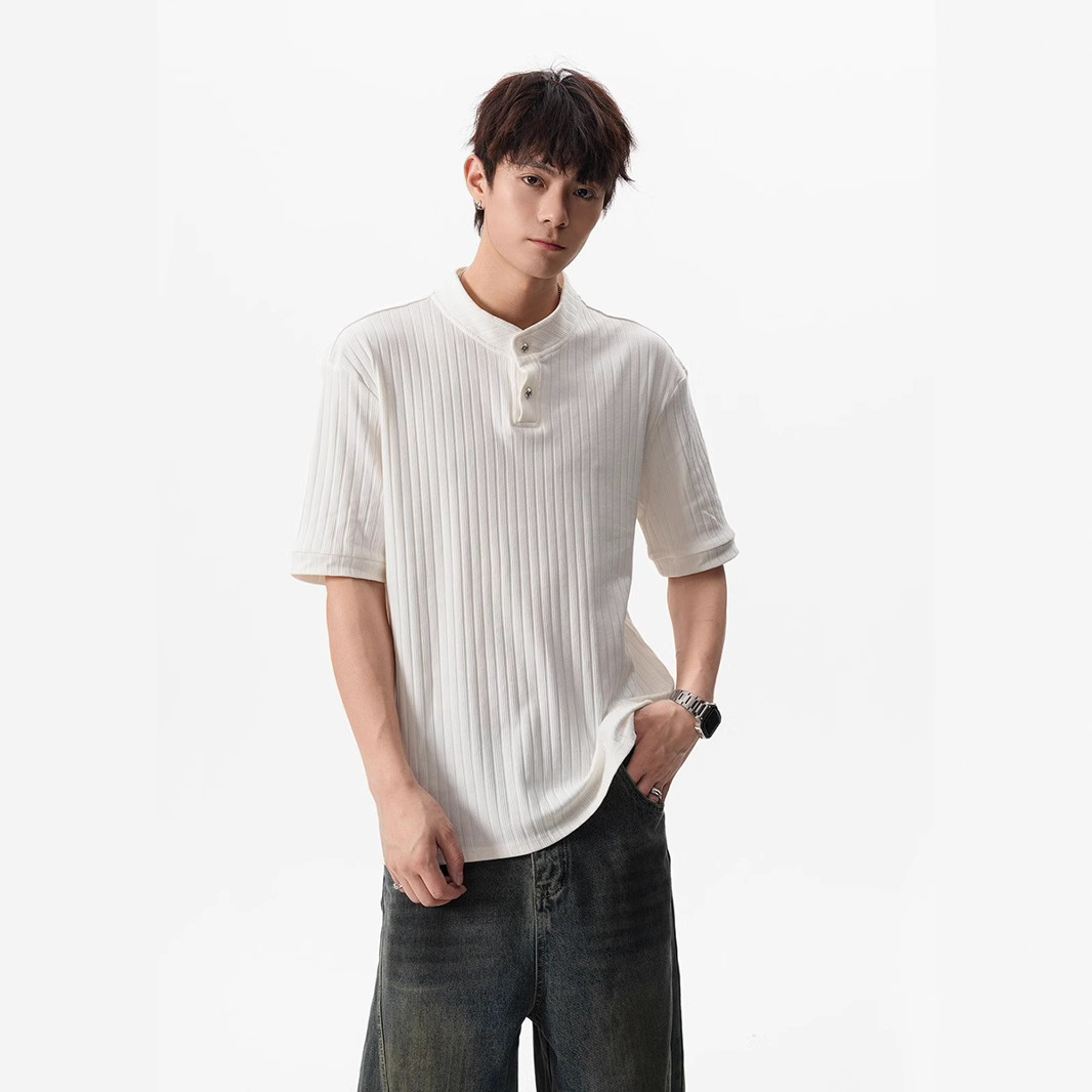 Gray Henry Collar Knitted Short-Sleeved Men's Summer Old Money Style Textured Right Shoulder T-Shirt Cleanfit Five-Quarter Sleeves