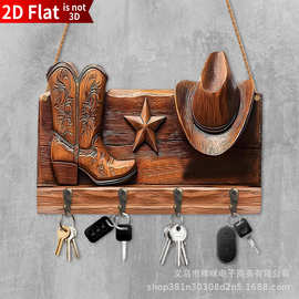 跨境新品创意复古图案木质平面钥匙扣挂架客厅门廊装饰多功能可挂