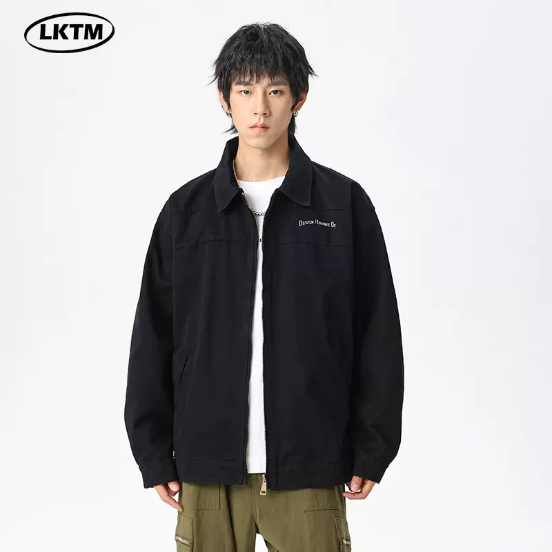 LKTM男装#重磅高密双经斜棉翻领刺绣夹克男潮牌百搭痞帅宽松外套