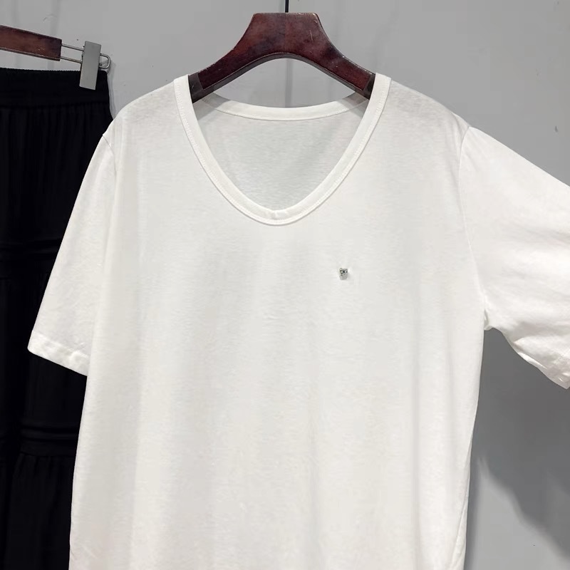 B926型 # 【公式写真実価】特大サイズ 150kg 裾レースステッチ ゆったりUネック半袖Tシャツ トップス レディース|undefined