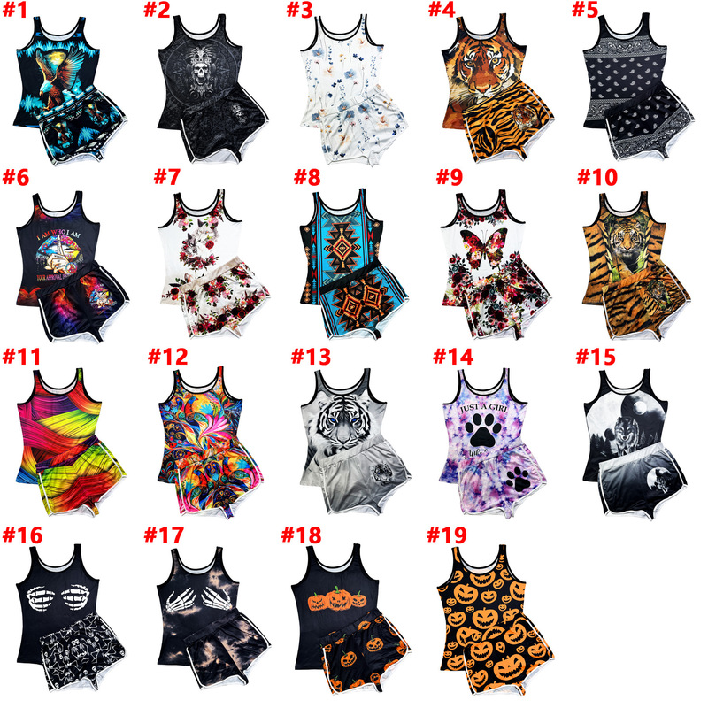 D9950 Amazon Hot European and American Women's Sexy Tight Pattern Printed Vest Shorts suit Two-Piece Set
