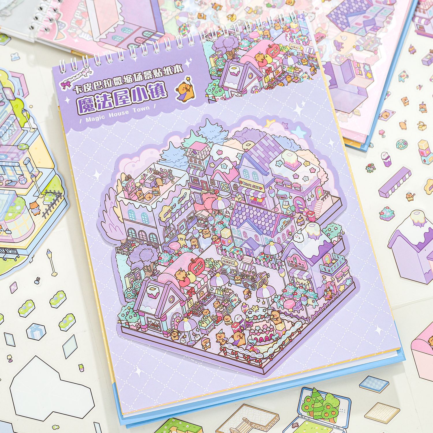 Escena en miniatura de rastro de papel 2.0 libro de pegatinas Kapibara 3D estéreo cabañas diy descompresión libro de pegatinas de paisajismo