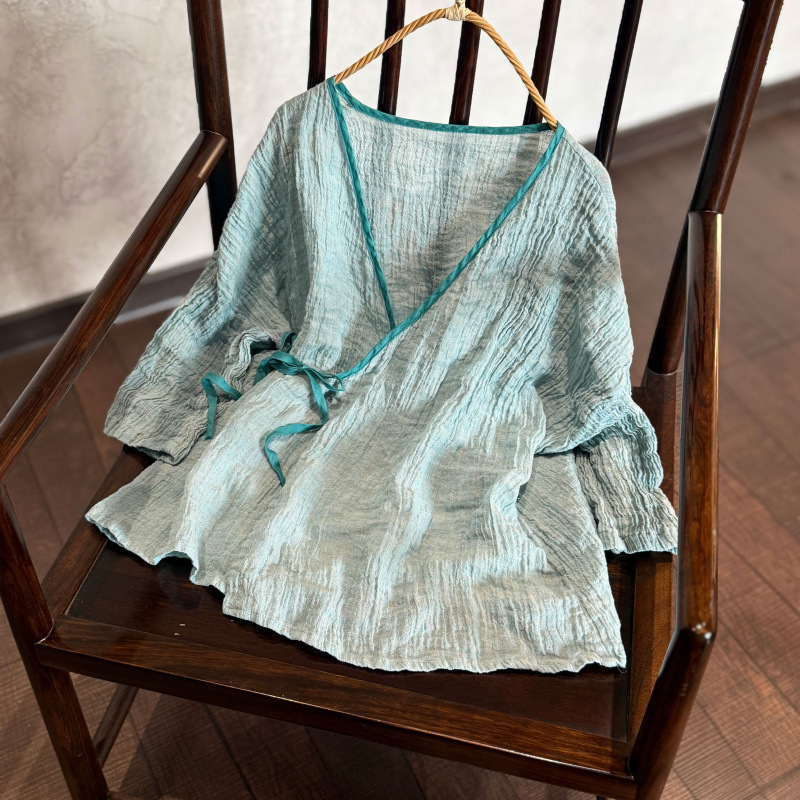 533 Textured Linen, High-Quality Yarn-Dyed Craftsmanship, 100% Linen, Cross-Collar Tie, Versatile Shirt Top