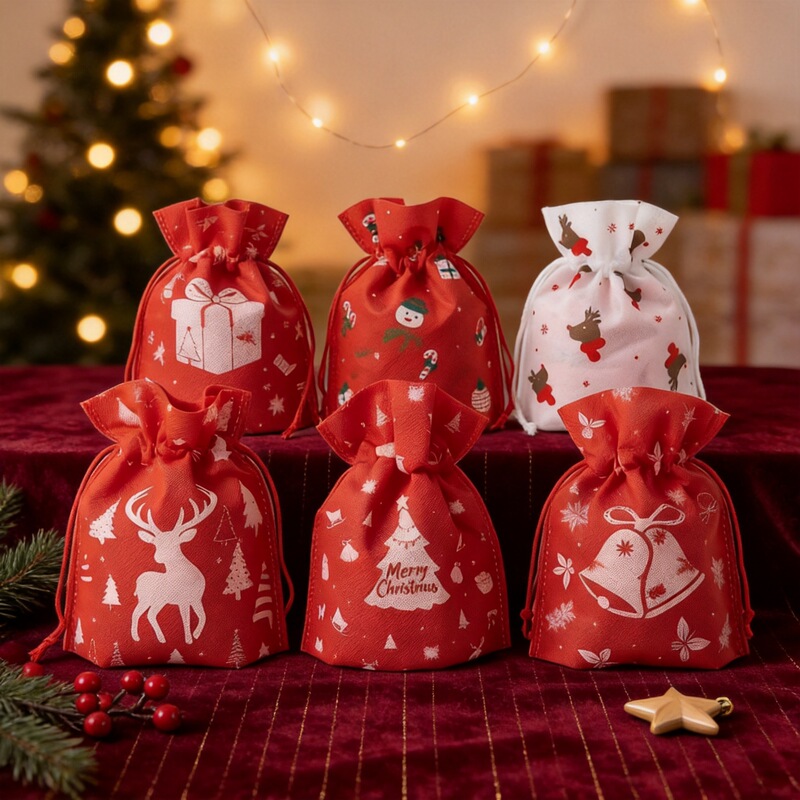 Direct from the manufacturer: Christmas painted series color-blocked tote bags, non-woven fabric laminated drawstring bags, mini exquisite bags HM