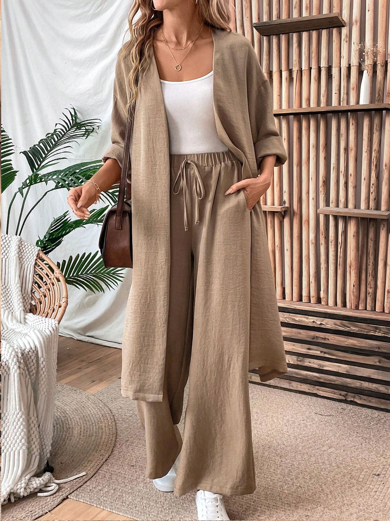 Women's Clothing new loose long cardigan top wide leg pants two piece suit_voghion.com