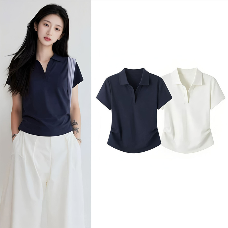 Domestic Brand 2026 Summer New Classic Polo Collar Waist-Cinching Short-Sleeve T-Shirt for Women A1Cng2234