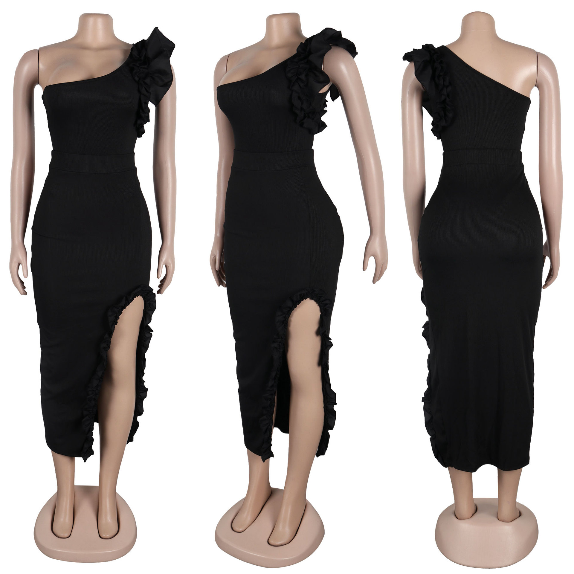 362g Weight Sleeveless Sleeve Length Polyester Fabric Type Skirt Co-ord Set Sets Type 2 Pieces Set Quantity Holiday Occasion One Shoulder Neckline Slim Fit Type Solid Color Pattern Summer Season Women's Gender Frill Design Elegant Style Holiday Women's Elegant Solid Color Polyester Frill Skirt Co-ord Set Skirt Sets 39