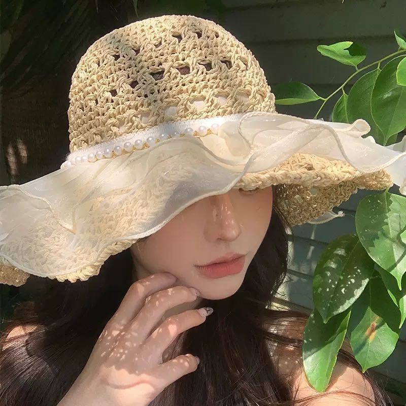 草帽女夏季蕾丝大帽檐女防晒帽显脸小日系度假海边沙滩遮阳太阳帽|undefined