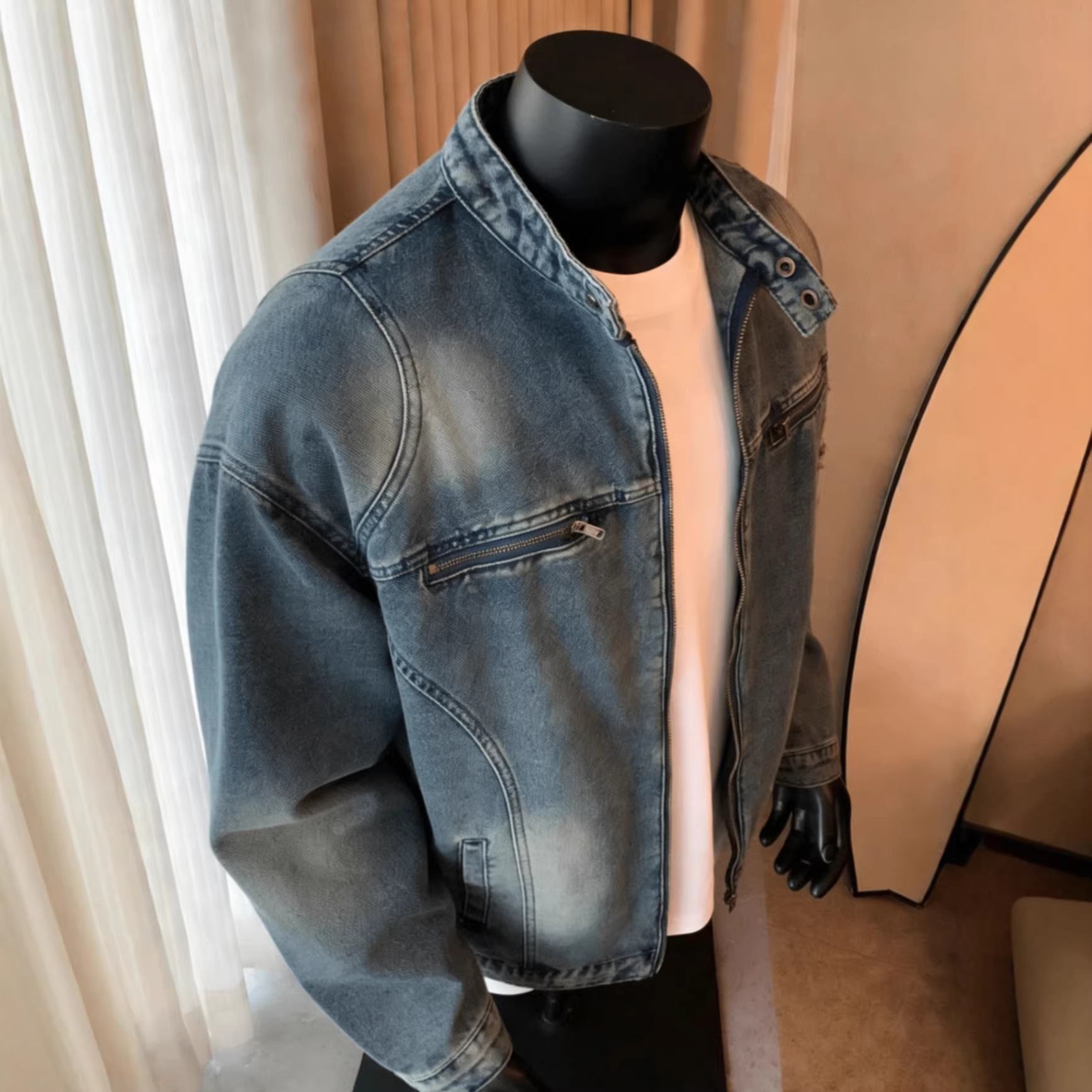Motorcycle Denim Jacket For Men, Washed And Worn Trendy Brand Loose Casual Zipper Jacket_voghion.com