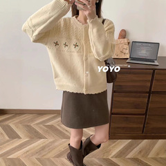 小个子圆领绣花短款毛衣外套女宽松秋装新款甜美日系女士针织上衣