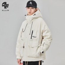 ALLIN 白色羽绒服男冬季潮牌连帽工装面包服情侣短款灰鸭绒外套潮