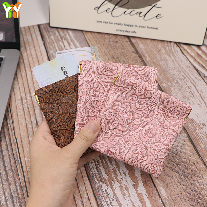 Customized leather floral pattern snap bag, vintage texture portable coin purse, small storage bag for data cables and earphones