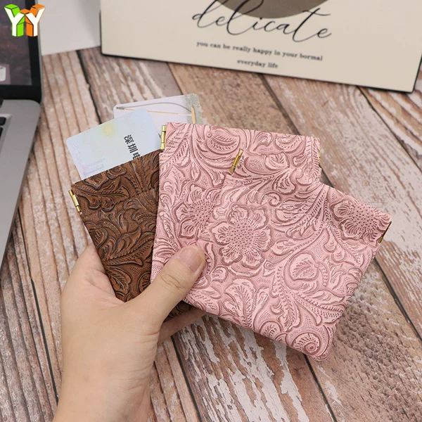 Customized leather floral pattern snap bag, vintage texture portable coin purse, small storage bag for data cables and earphones