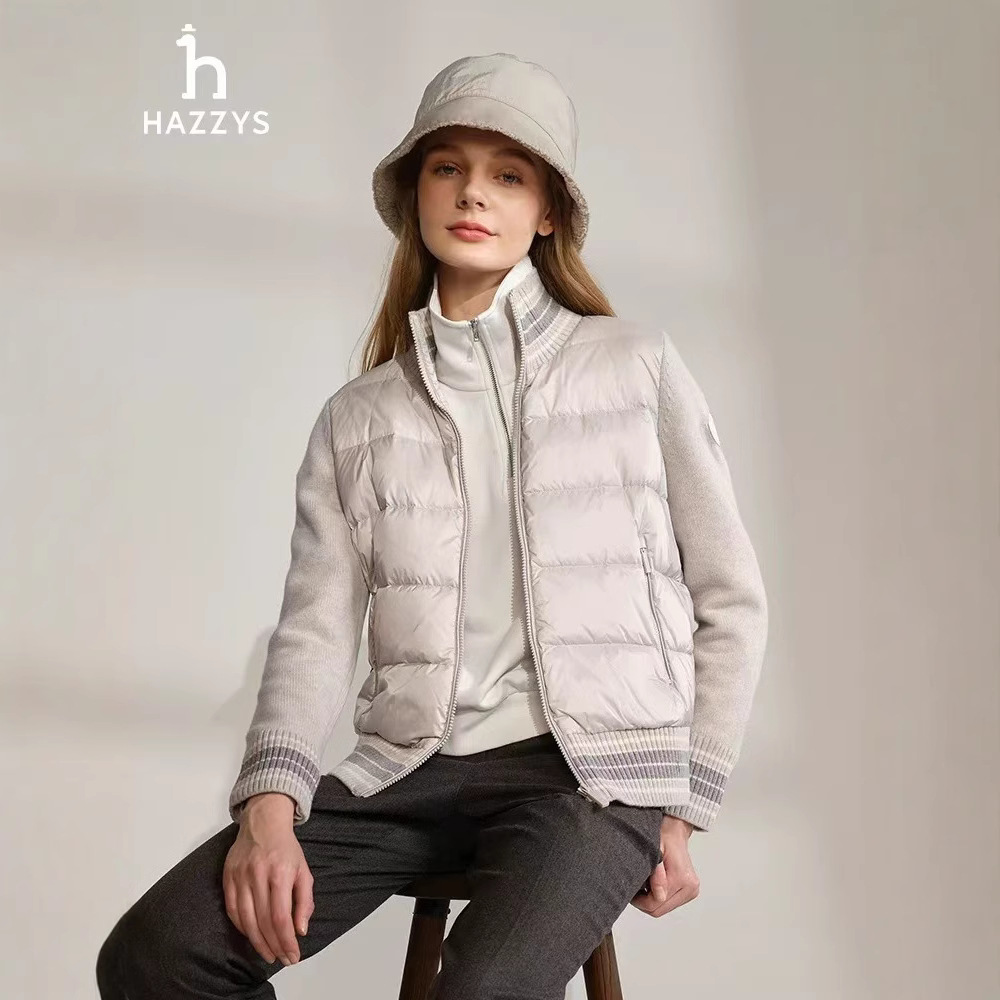Hazzy's Damen Daunenjacke mit kurzen Strickärmeln und Spleißen, leicht, Stehkragen_voghion.com