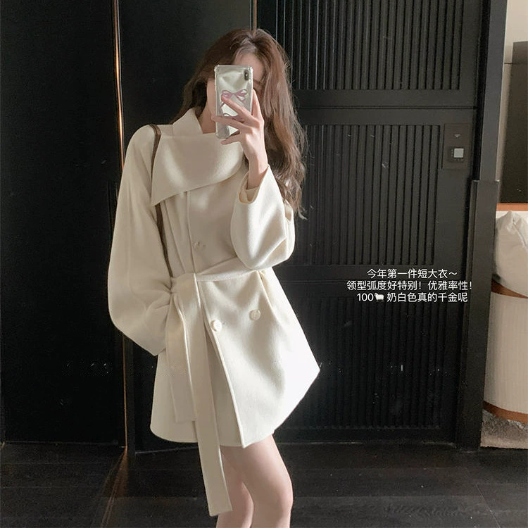 『Paris Illustrated』Тот же стиль интернет-знаменитостей 2025, цельношерстный шарф с воротником, двустороннее бархатное пальто, пояс средней длины, новый стиль