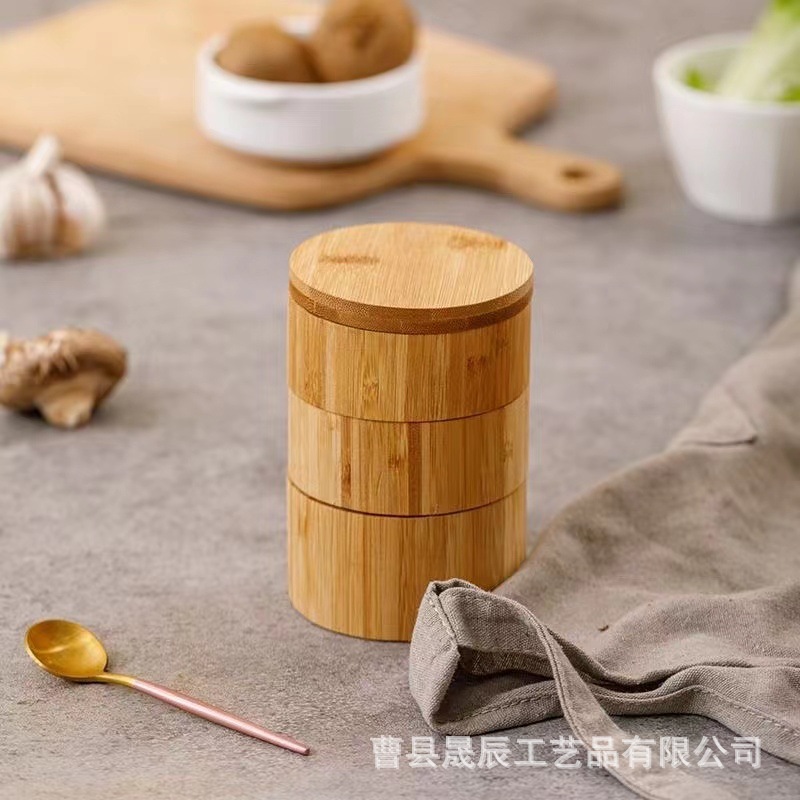 Nuevo tarro de condimento de bambú giratorio especias condimento caja de almacenamiento suministros de cocina caja de condimento logotipo imprimible