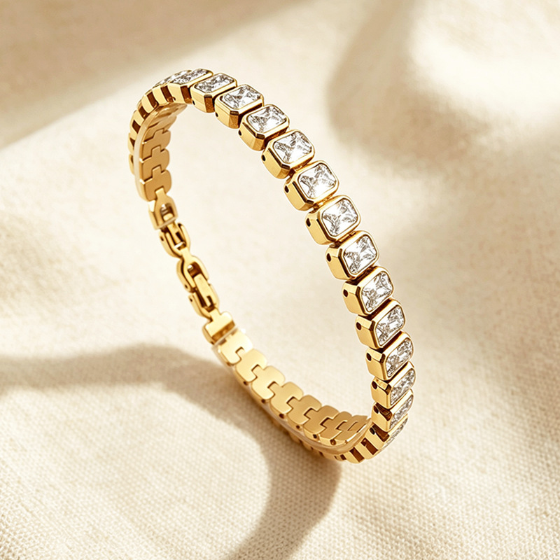 Cross-border high-end wide square diamond bracelet, non-fading, zirconia-studded tennis chain, hip-hop trendy accessory, unisex