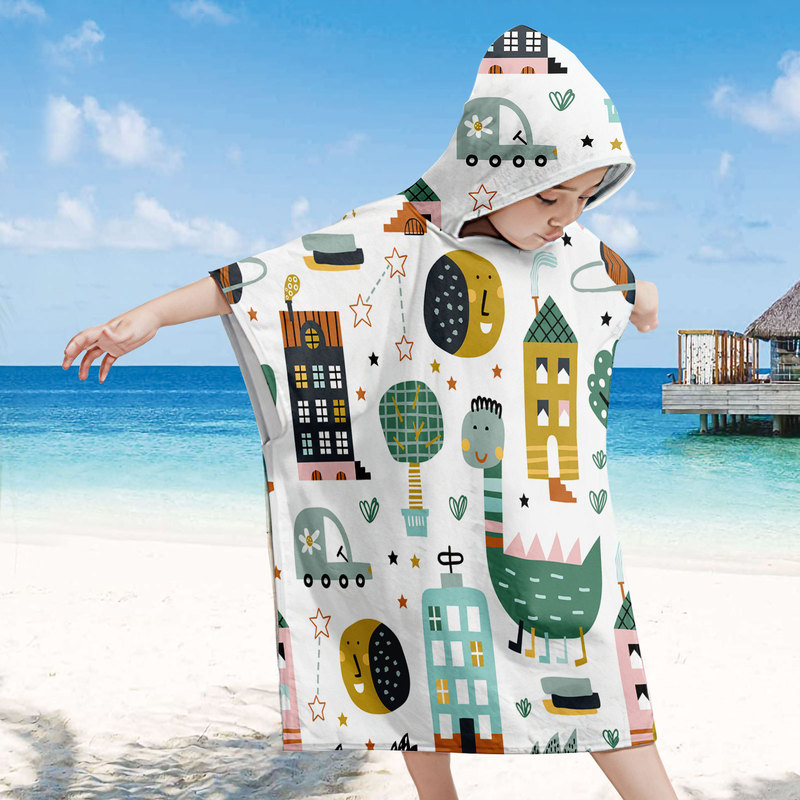 Dinosaur Children's Beach Sunscreen Hooded Poncho Beach Changing Towel Swimming Wearable Printed Authoritarian Bath Towel Bathrobe