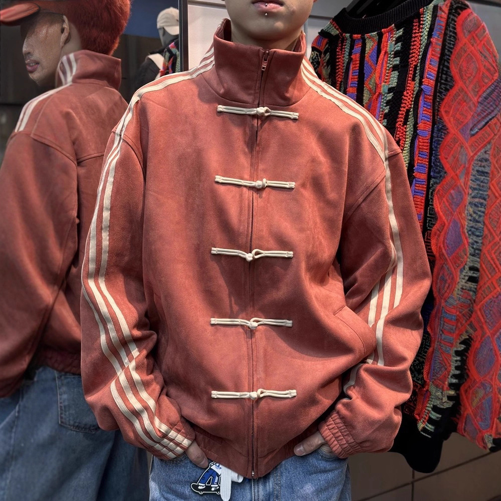 ins国潮三条杠设计感麂皮绒立领盘扣夹克男 秋季新中式唐装外套潮