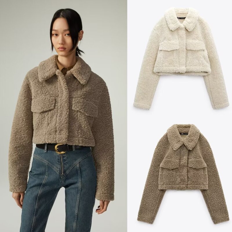 23 FH Autumn and Winter Fashion Fleece Warm Jacket Coat Lapel Short Top Imitation Lamb Wool Casual Women's Clothing