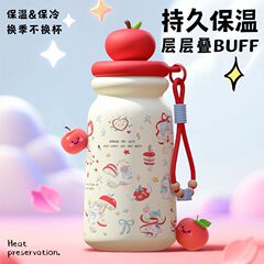 批发苹果小猫316不锈钢保温杯学生上学高颜值大容量吸管水杯