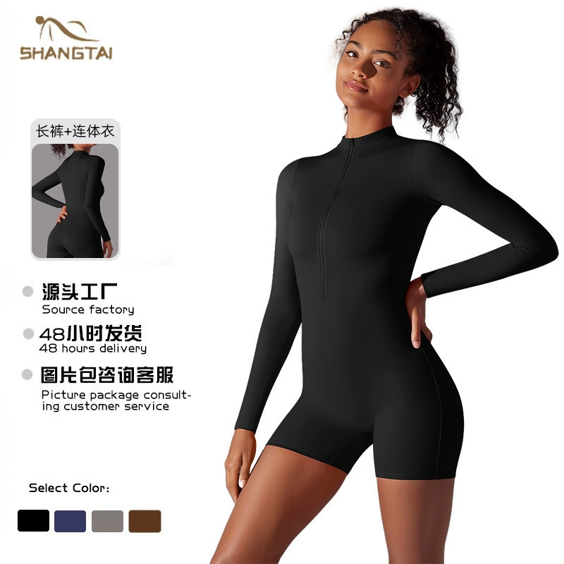 Sports bodysuit full-body with zipper, yoga clothing, underwear for hips shape correction, long-sleeve for gym, autumn, European style, fitted, for running