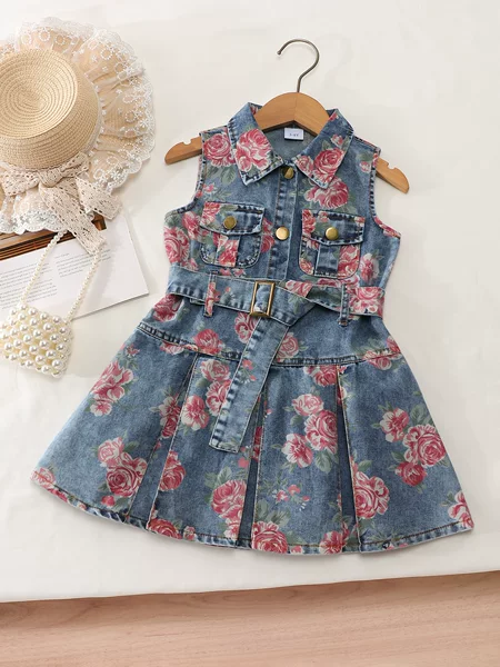 Cross-border summer girls' denim dress, sleeveless stylish floral print tank dress, fashionable and trendy children's dress