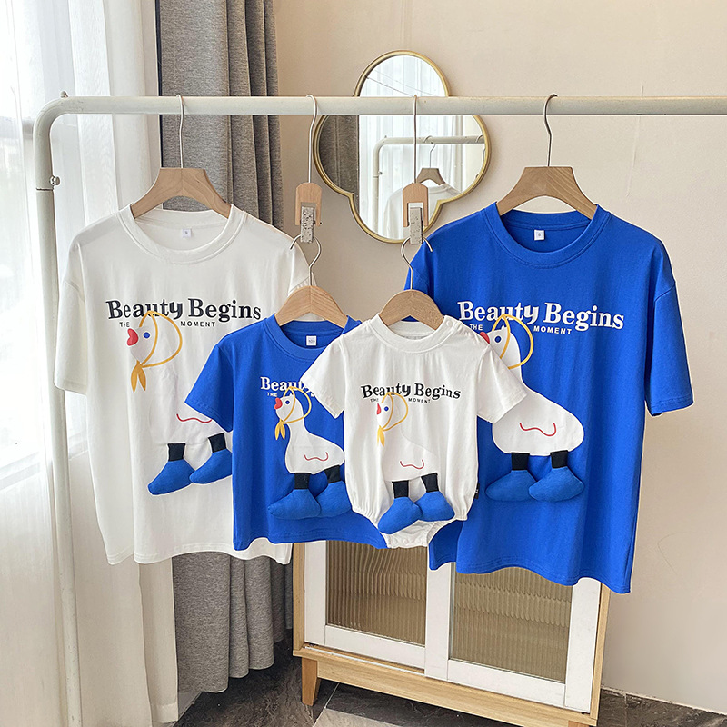 2026 Summer Cartoon Family Outfit with 3D Legs - High-End Trendy T-Shirts for a Family of Three, Perfect for Baby's 100-Day Celebration