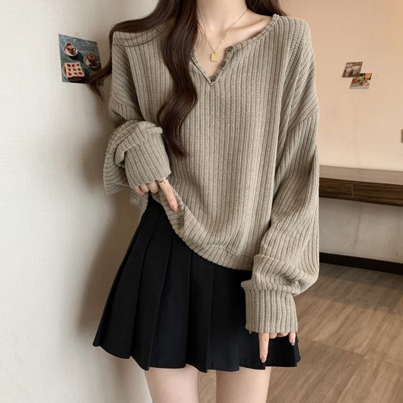 This Year's Popular Spring, Autumn and Winter Long-Sleeved V Neck Pure Color Bottoming Shirt Large Size Fat mm Loose Slimming Look European Ins Top for Women