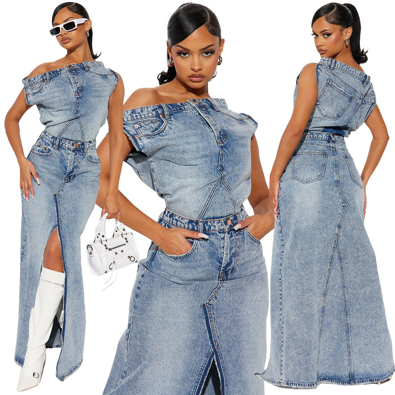 European and American 2023 new women's clothing Denim casual solid color suit autumn and winter retro split denim skirt suit two-piece set