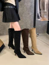 恨天高弹力靴尖头高跟长靴绒面瘦瘦细跟拉链包腿过膝靴