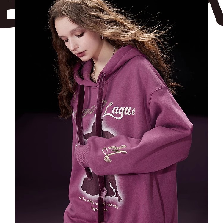 MeisRn 宽松连帽卫衣女2024冬季新款印花摇粒绒小个子宽松上衣