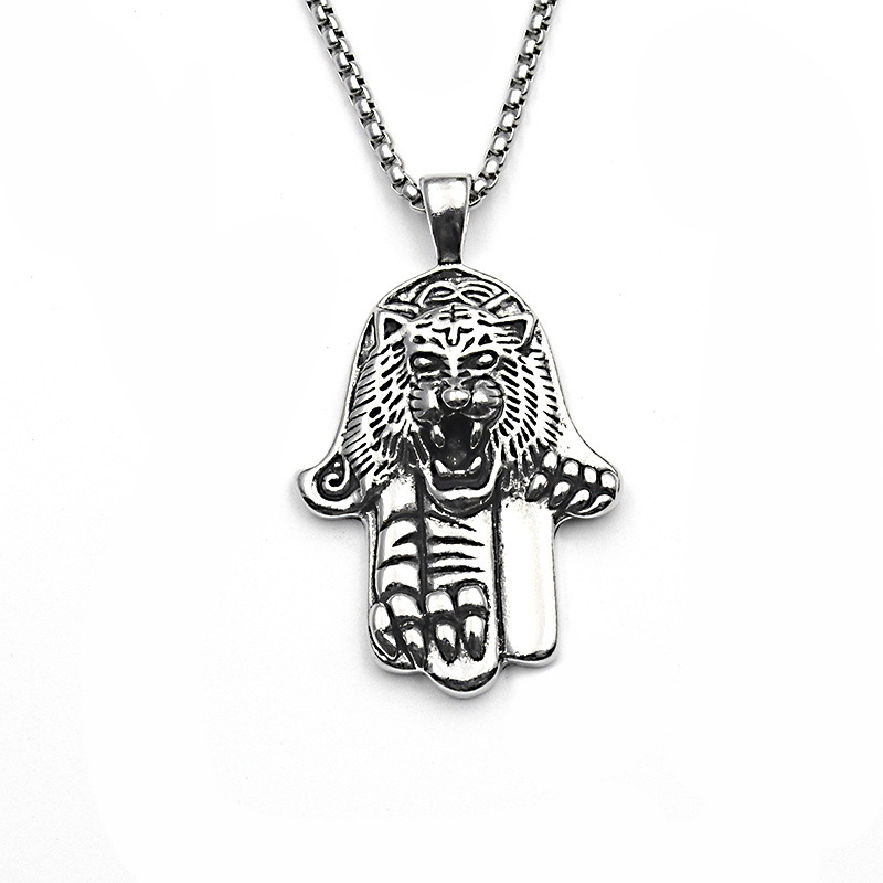Tiger Head Palm Cross Titanium Pearl Necklace Stainless Steel Minimalist Sweater Chain_voghion.com