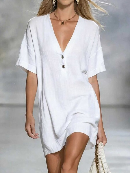 2026 New Cross-Border European and American Style Women's Fashion Short-Sleeved V-Neck Cotton and Linen Loose Summer Dress