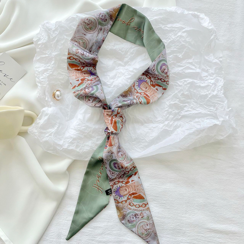 Nuevo estilo chino pintura al óleo pequeña bufanda de seda para las mujeres primavera y verano bolsa de lazo corbata decoración del pelo larga bufanda pequeña cinta de la banda del pelo